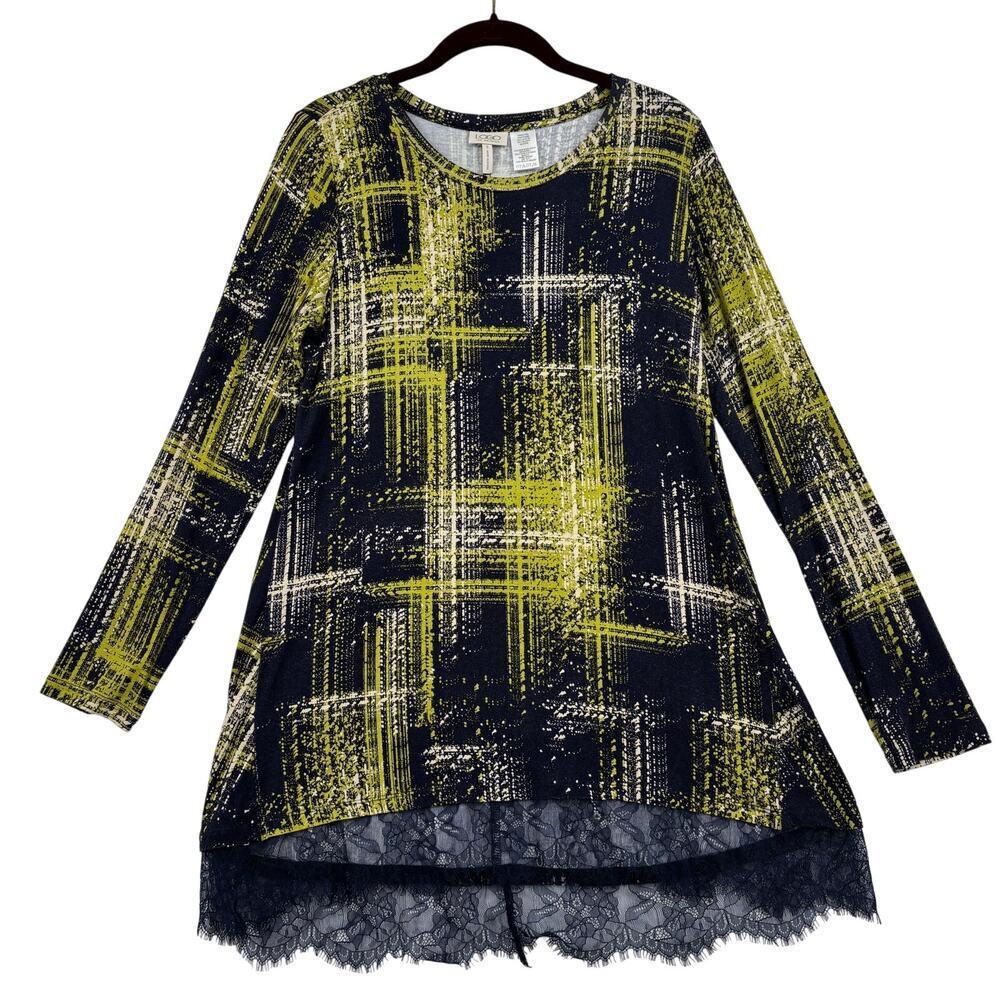 LOGO Lori Goldstein Tunic Blouse Size S Green Navy Print Eyelash Lace Hem
